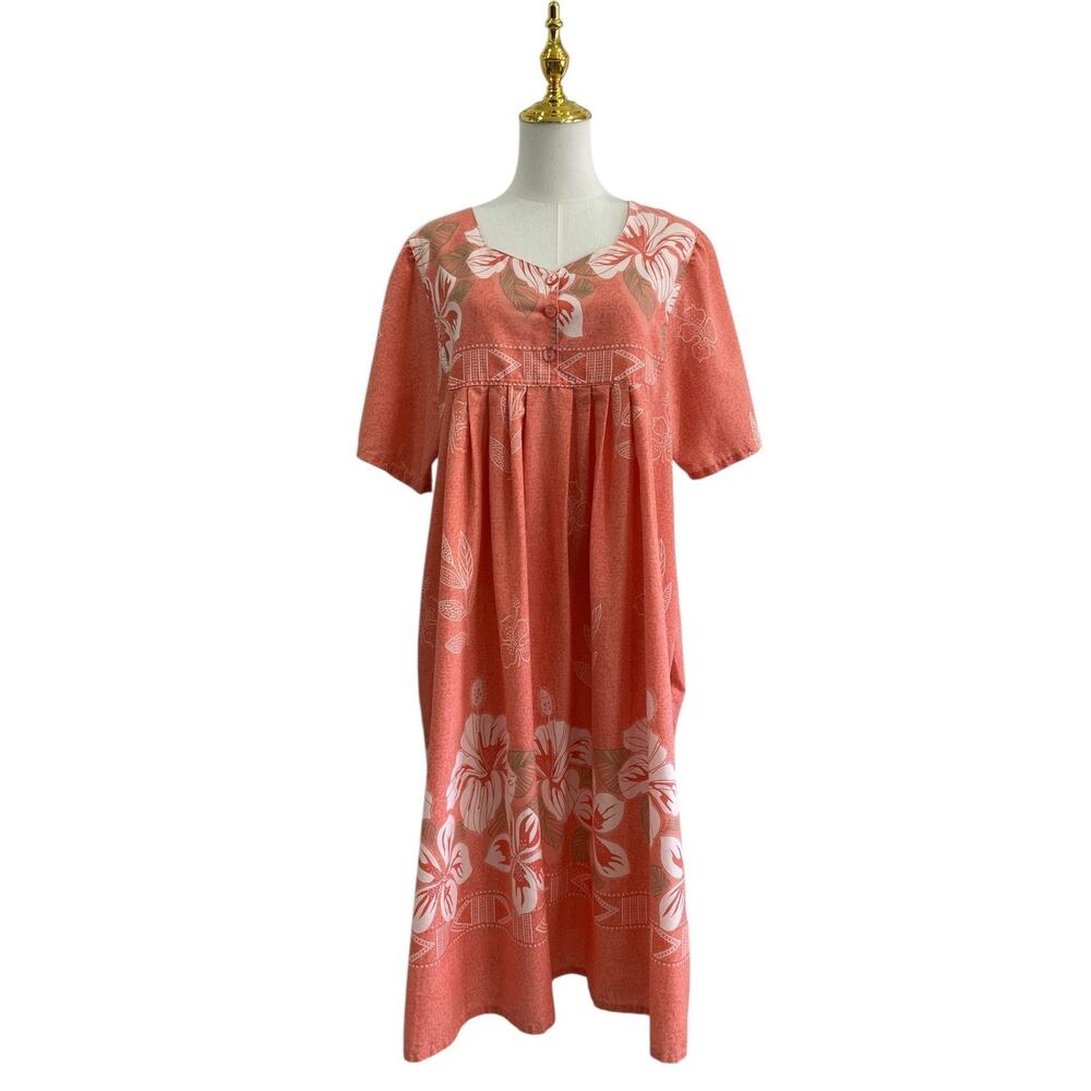 Vintage Anthony Richards Peach Tropical Floral Muumuu House Dress Pockets size L